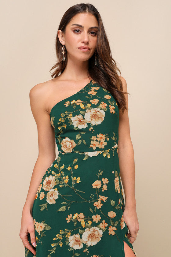Elegant Admiration Emerald Green Floral One-Shoulder Maxi Dress