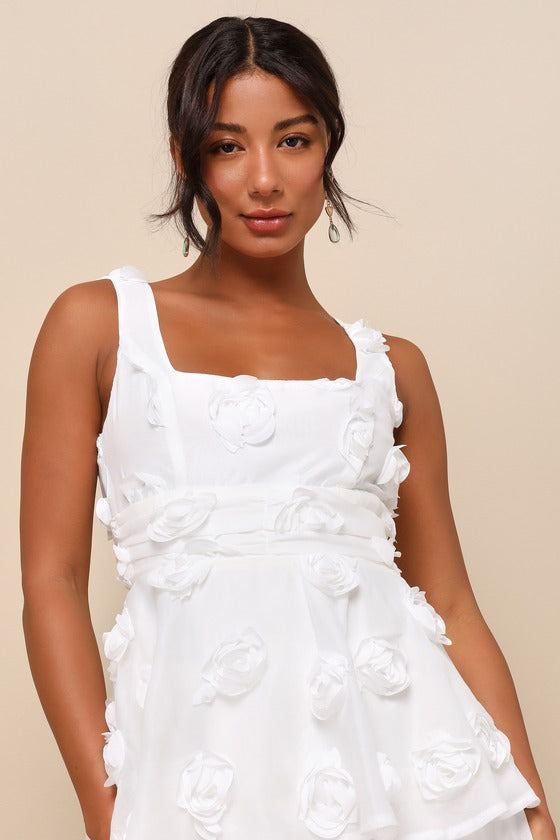 Exceptional Entrance White Sleeveless Tiered Rosette Midi Dress