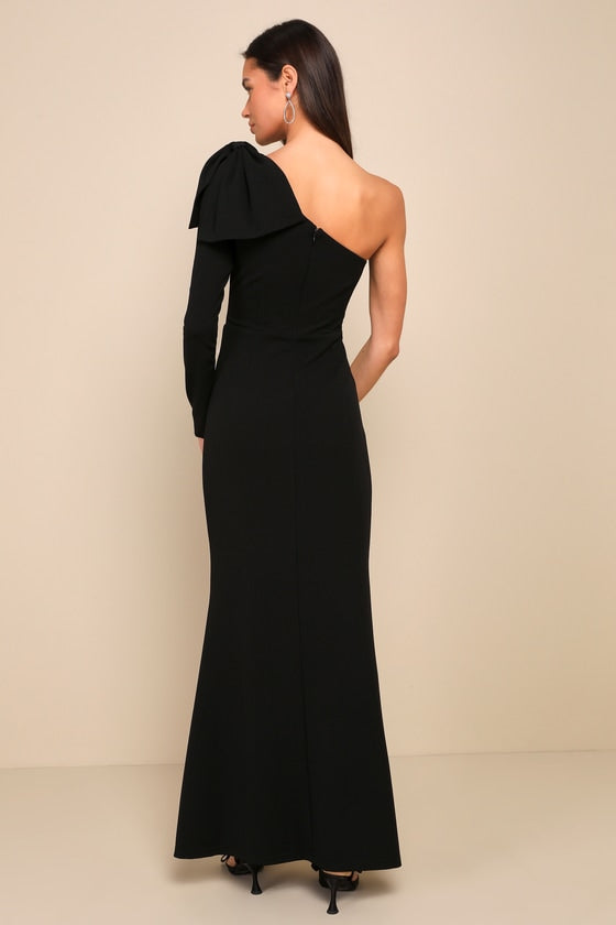 Sophisticated Poise Black Bow One-Shoulder Maxi Dress