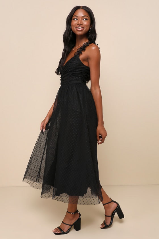 Forever Celebrated Black Swiss Dot Ruched Tulle Midi Dress