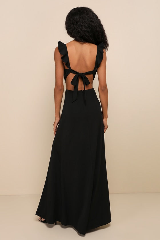 Captivating Charisma Black Ruffled Cutout Tie-Back Maxi Dress