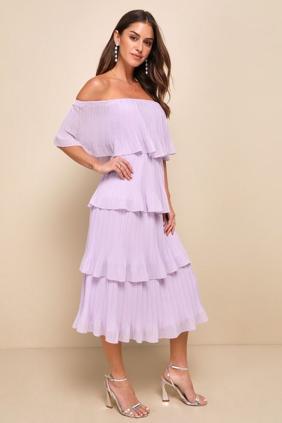 Gala Ready Lavender Off-the-Shoulder Ruffle Midi Dress