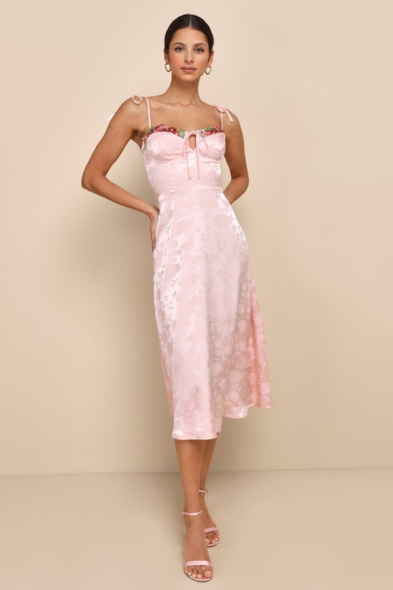 Ethereal Muse Light Pink Satin Jacquard Embroidered Midi Dress