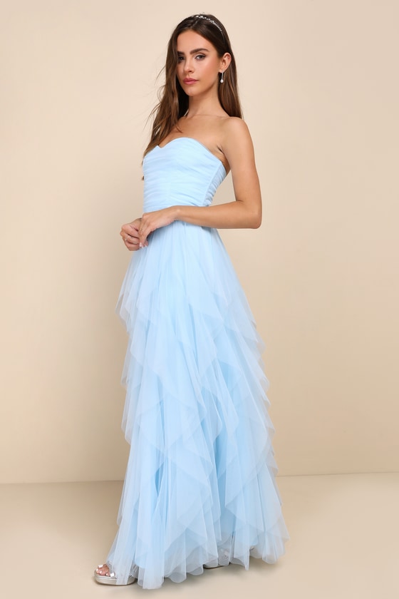 Delightful Beauty Blue Mesh Strapless Ruched Ruffled Maxi Dress