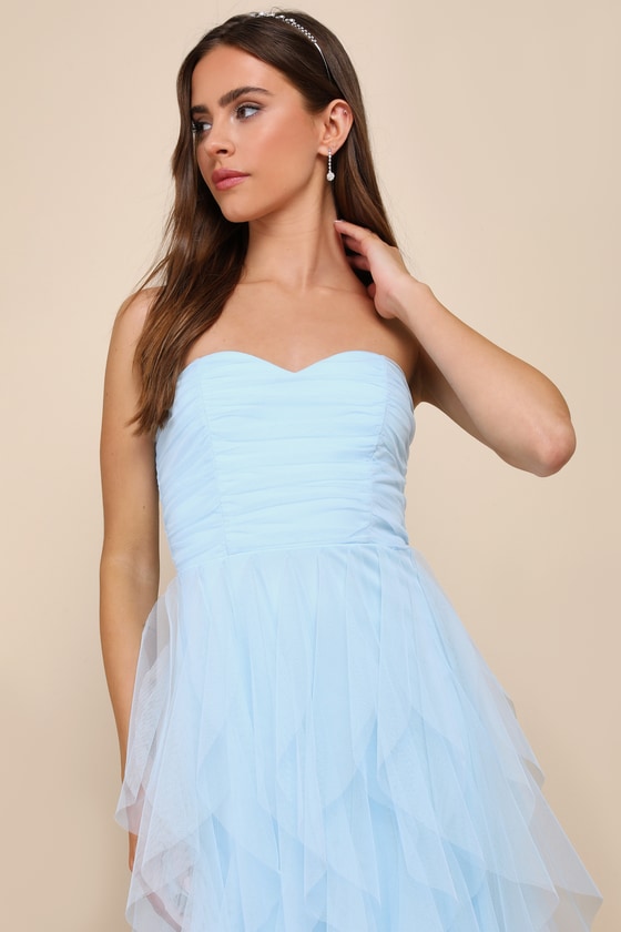 Delightful Beauty Blue Mesh Strapless Ruched Ruffled Maxi Dress