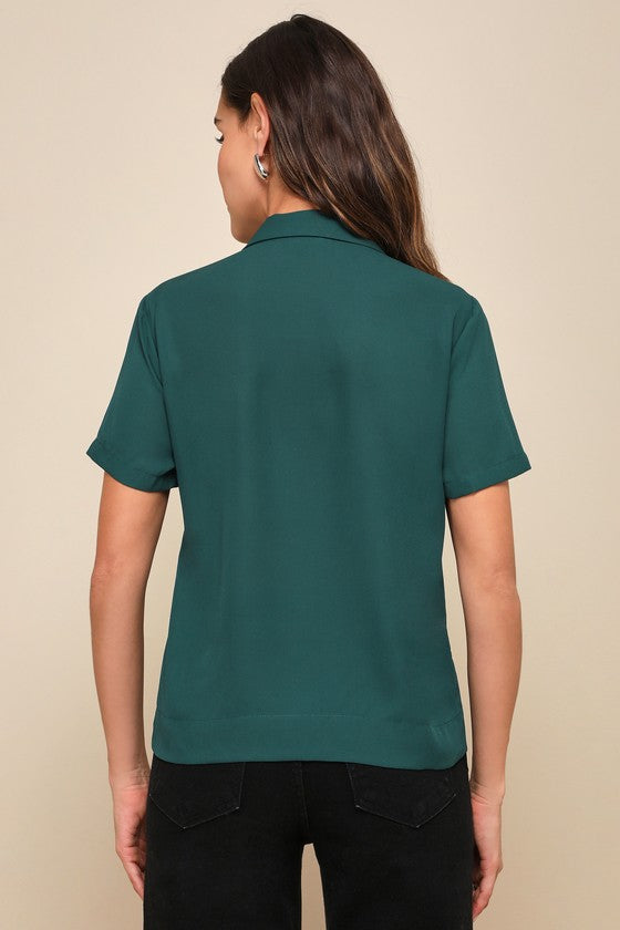 Good Luck Charm Dark Green Short Sleeve Button-Up Top