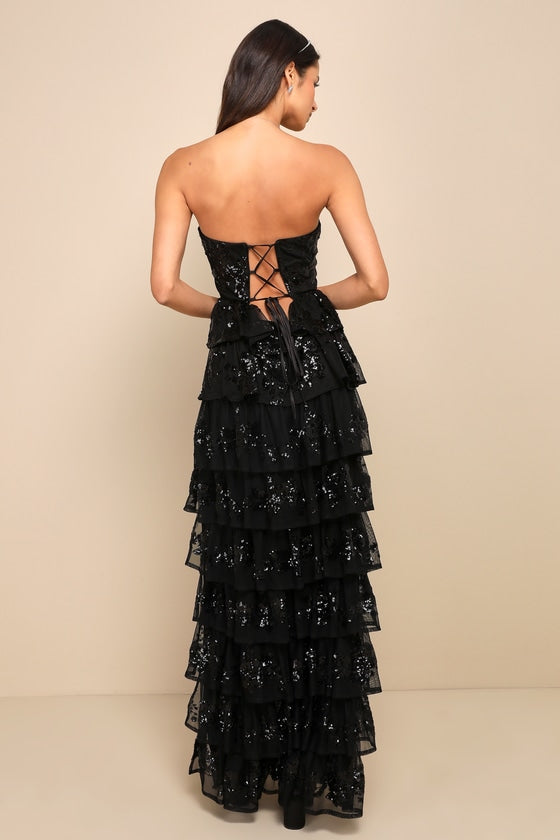 Definite Glamour Black Sequin Strapless Bustier Maxi Dress