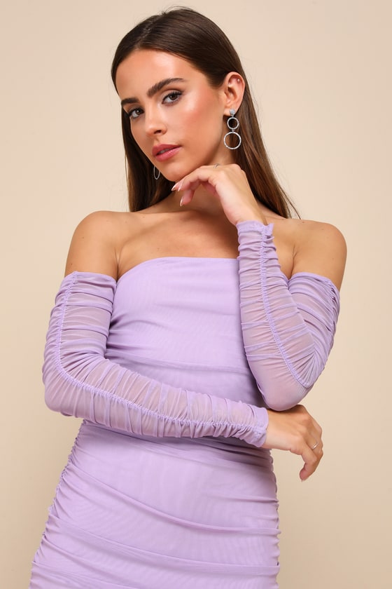 Desirable Date Lavender Mesh Ruched Off-the-Shoulder Midi Dress