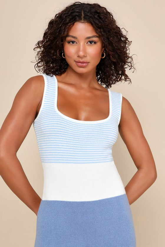 Easily Gorgeous Ivory and Light Blue Striped Midi Sweater Dress