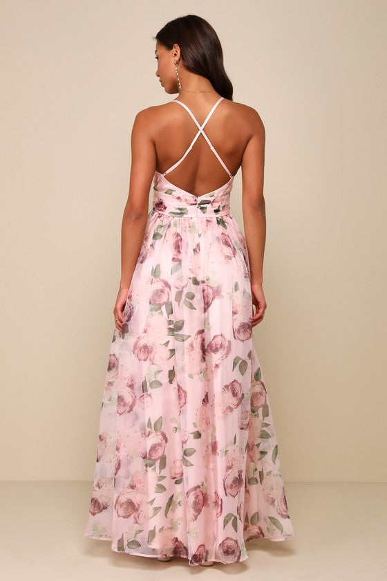 Romance That Wows Blush Floral Print Organza Maxi Dress