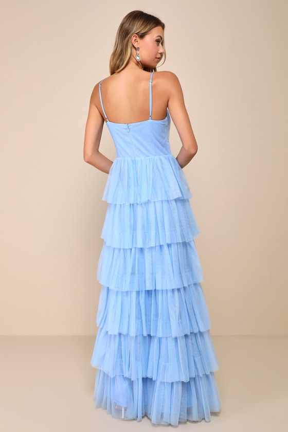 Rule the Runway Light Blue Tulle Surplice Tiered Maxi Dress