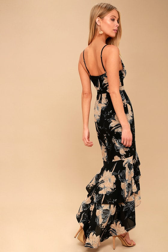 Darling Daylily Black Floral Print High-Low Maxi Dress