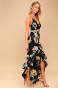 Darling Daylily Black Floral Print High-Low Maxi Dress