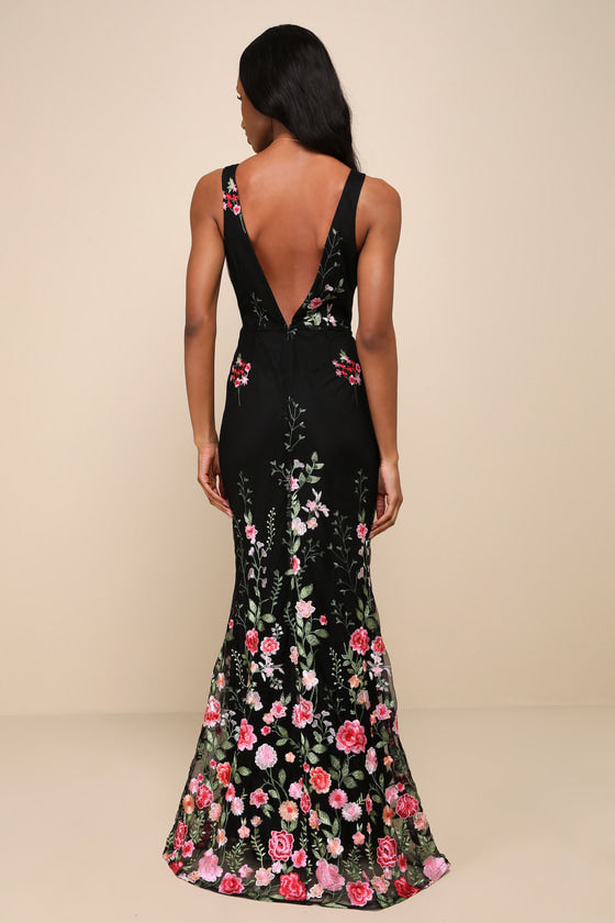 Soiree Blossom Black Floral Embroidered Mermaid Maxi Dress