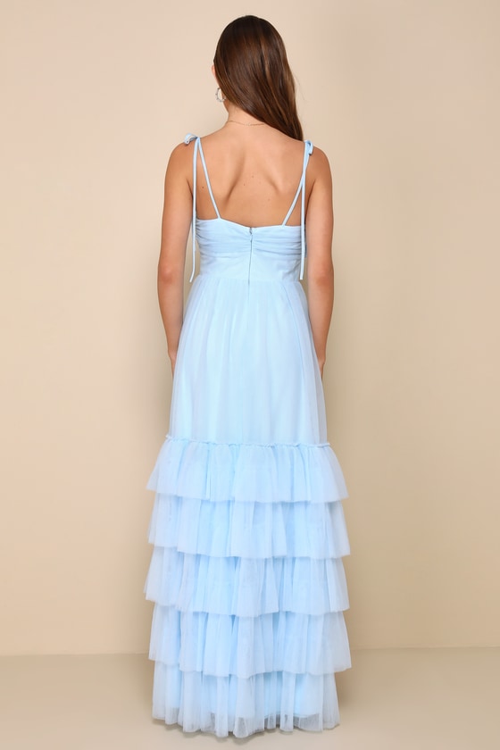 Endlessly Darling Light Blue Mesh Tiered Tie-Strap Maxi Dress
