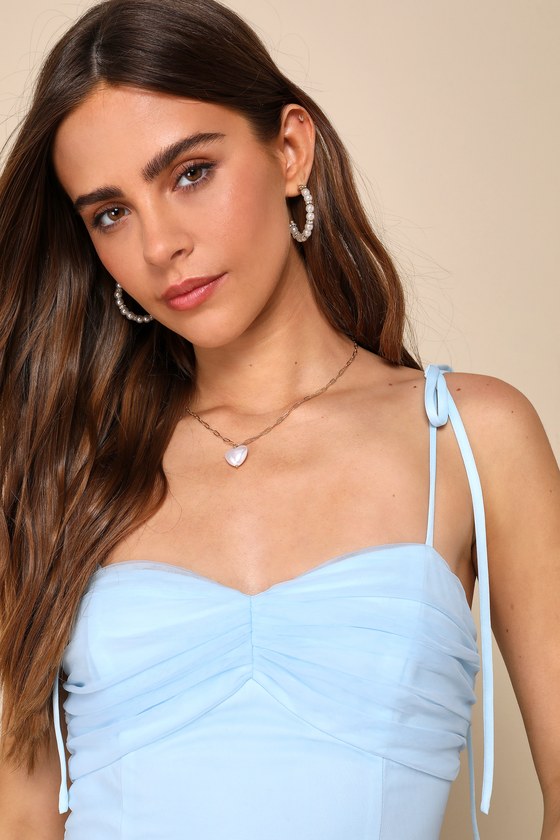 Endlessly Darling Light Blue Mesh Tiered Tie-Strap Maxi Dress