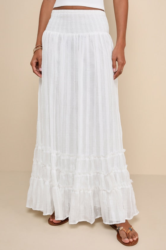 Sunny Baby White Smocked Tiered High-Waisted Midi Skirt