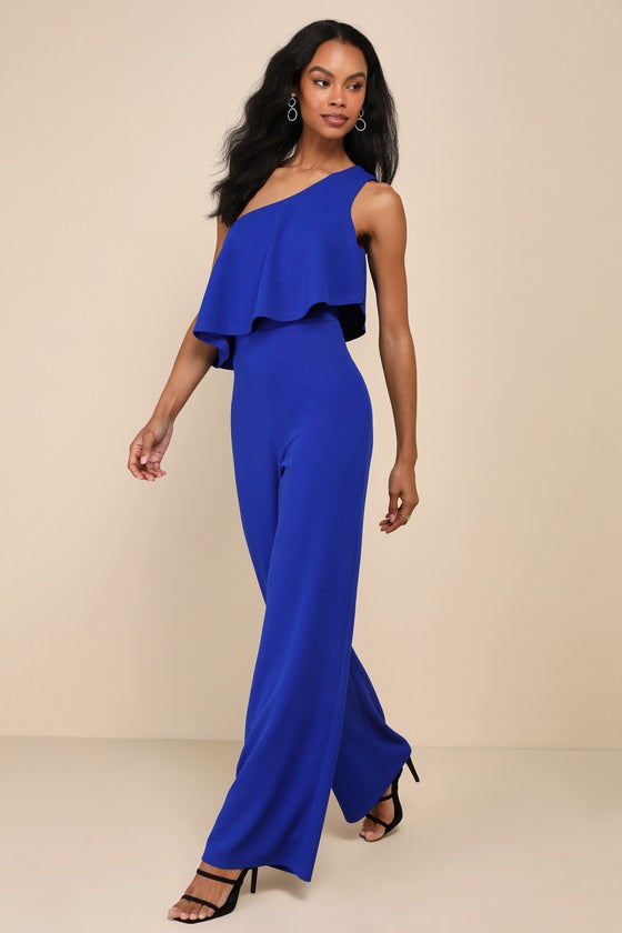 Flawless Vibes Royal Blue One-Shoulder Tiered Wide-Leg Jumpsuit