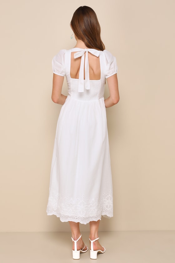 Stylish Merriment White Puff Sleeve Embroidered Midi Dress