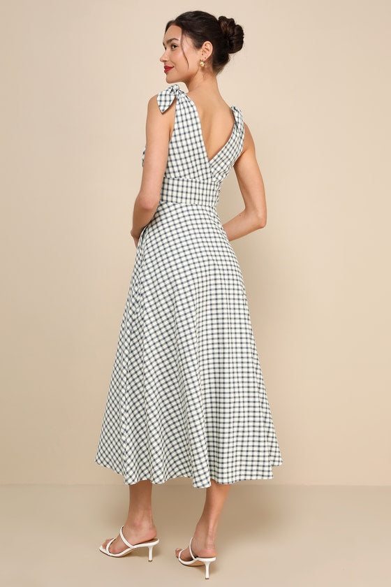 Sweetest Posture Navy and Cream Gingham Midi Dress With Pockets
