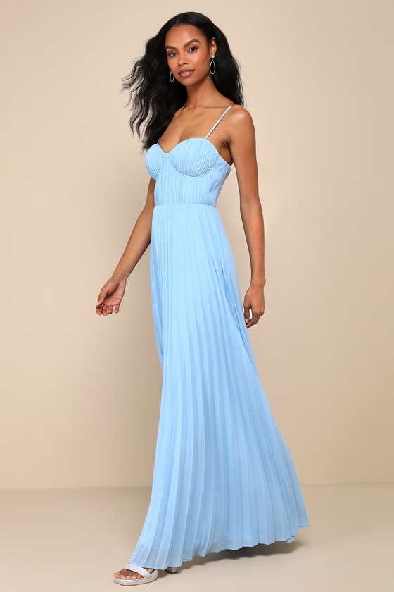 Admirable Elegance Light Blue Pleated Bustier Maxi Dress