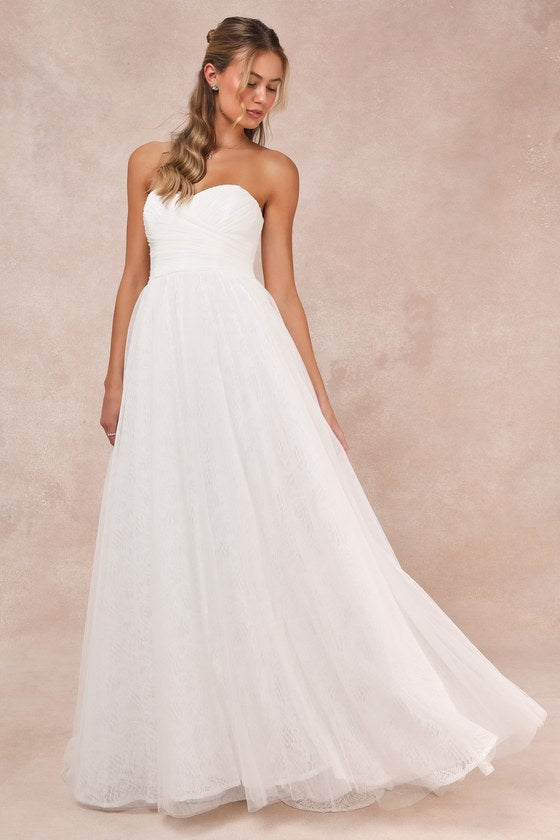 Blissful Forever White Tulle Lace Strapless Pleated Maxi Dress