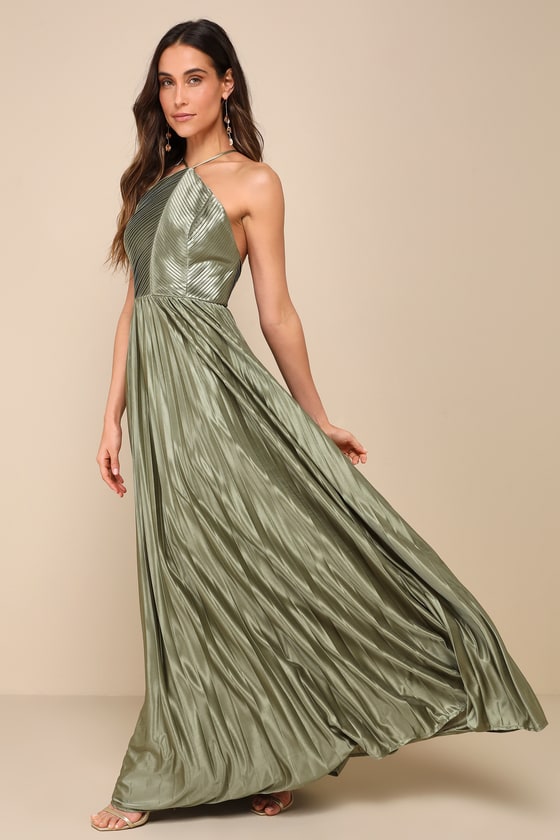 Elaborate Charm Olive Green Satin Pleated Backless Maxi Dress