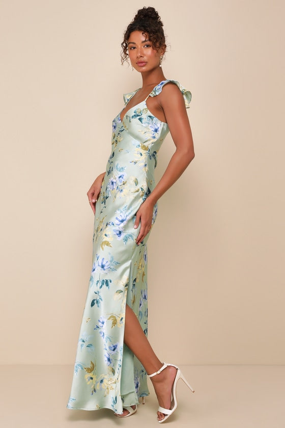Captivating Grace Sage Green Floral Satin Ruffled Maxi Dress