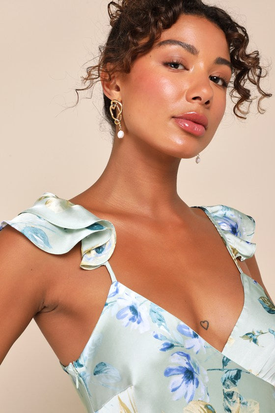 Captivating Grace Sage Green Floral Satin Ruffled Maxi Dress