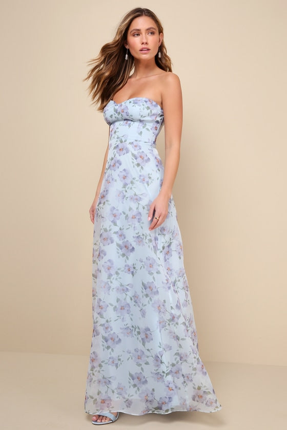Chic Preciousness Light Blue Floral Organza Bustier Maxi Dress