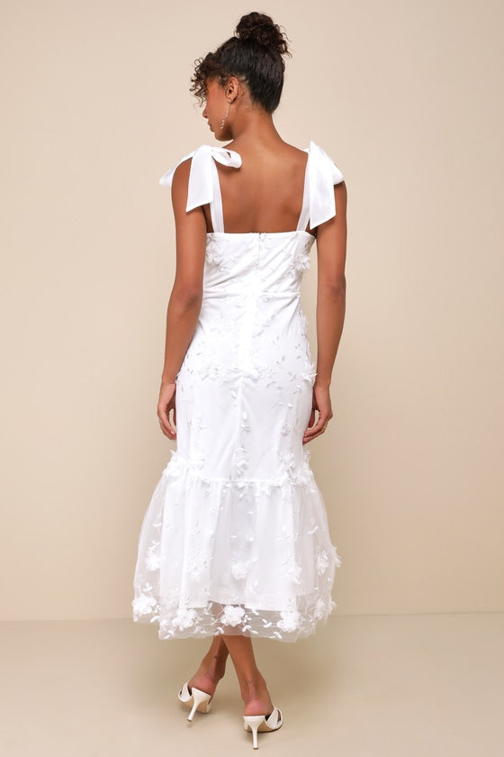 Divinely Adored White Embroidered Floral Tie-Strap Midi Dress