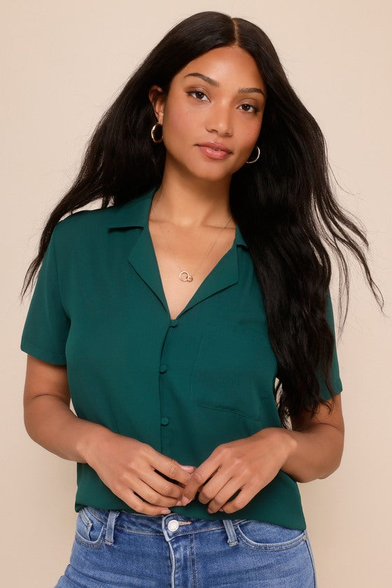 Good Luck Charm Dark Green Short Sleeve Button-Up Top