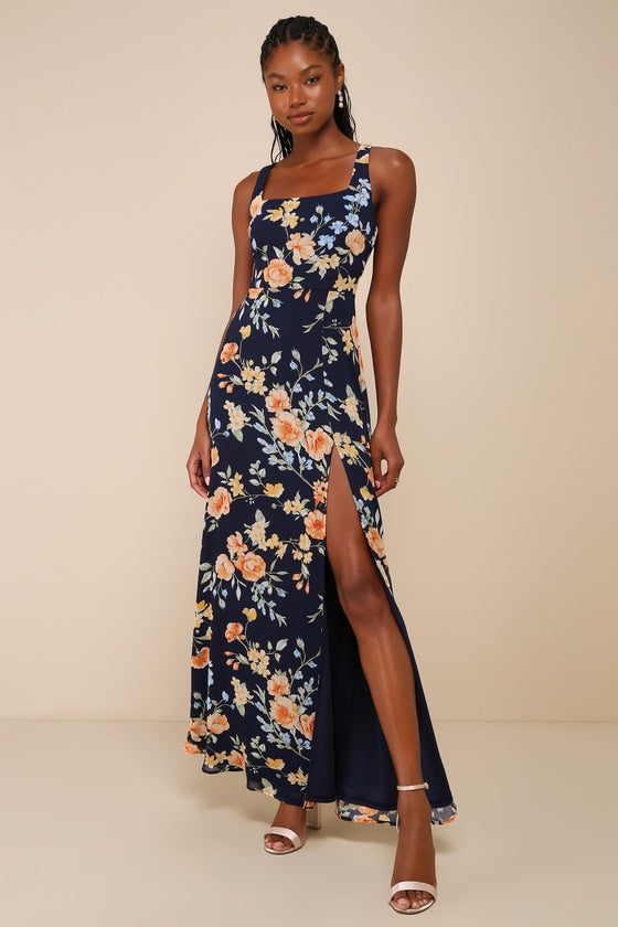 Remarkable Arrival Navy Blue Floral Sleeveless Maxi Dress