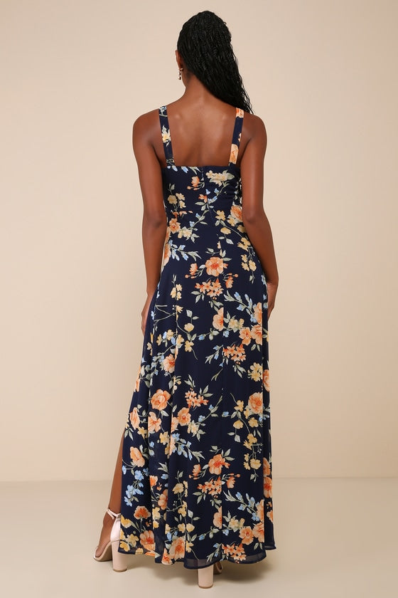 Remarkable Arrival Navy Blue Floral Sleeveless Maxi Dress