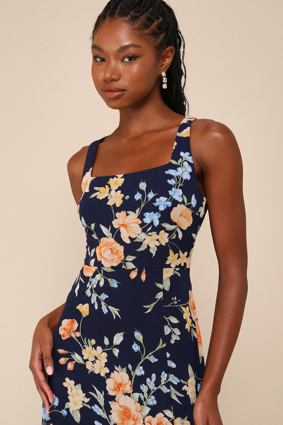 Remarkable Arrival Navy Blue Floral Sleeveless Maxi Dress