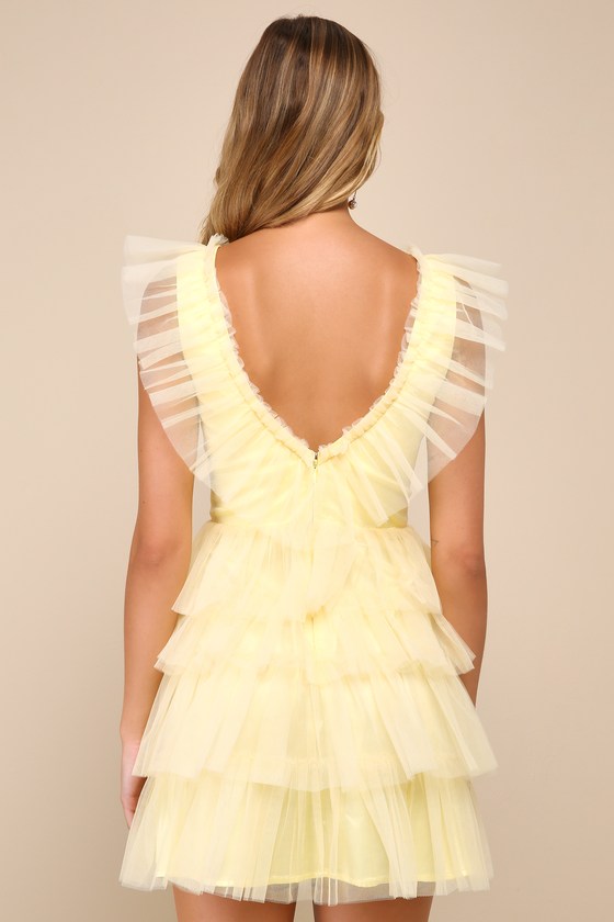 Striking Sensation Yellow Tulle Tiered Ruffled Mini Dress