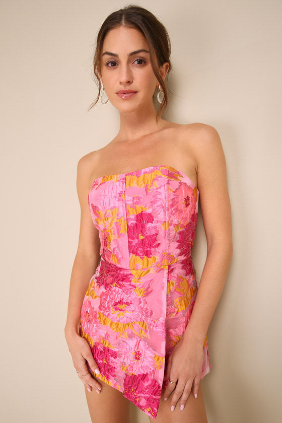 Sensational Excellence Pink Jacquard Strapless Skort Romper