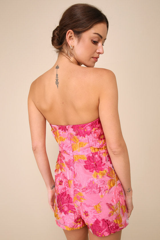 Sensational Excellence Pink Jacquard Strapless Skort Romper