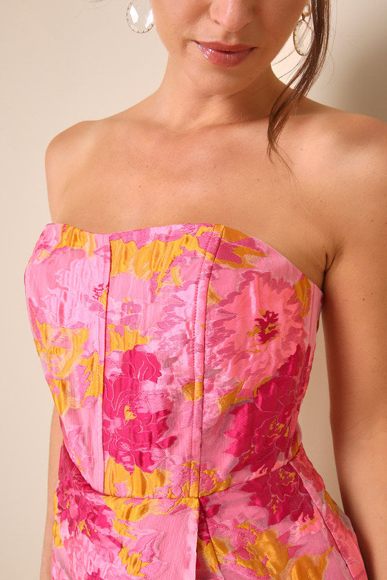 Sensational Excellence Pink Jacquard Strapless Skort Romper