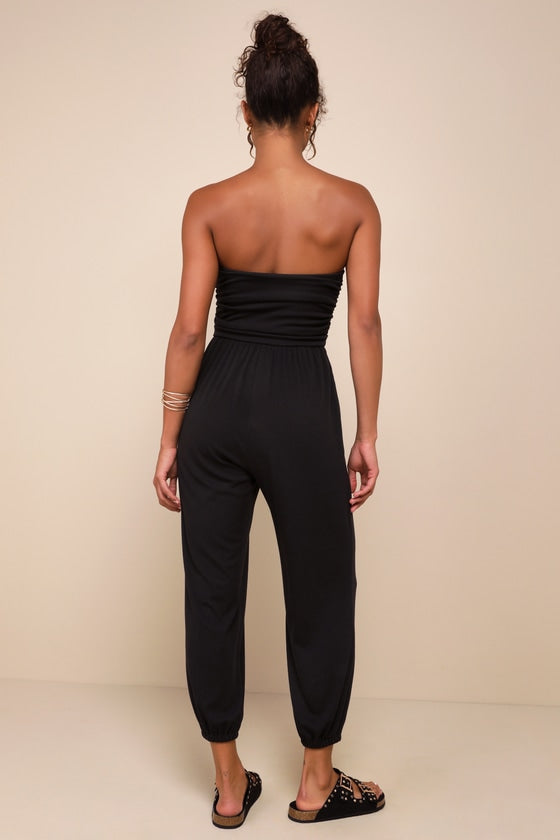 Flawless Comfort Black Ruched Strapless Jogger Jumpsuit