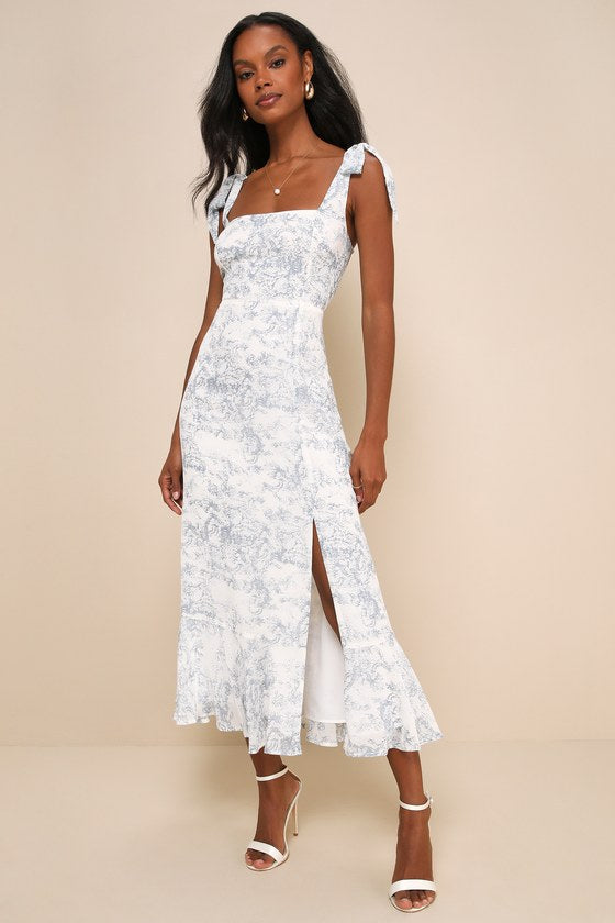 Summer Invite White and Blue Toile Tie-Strap Tiered Midi Dress