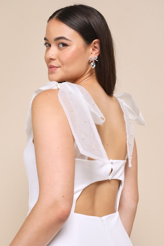 Beaming Perfection White Pearl Organza Tie-Strap Mini Dress