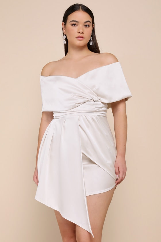 Always Celebrating Ivory Satin Off-the-Shoulder Mini Dress