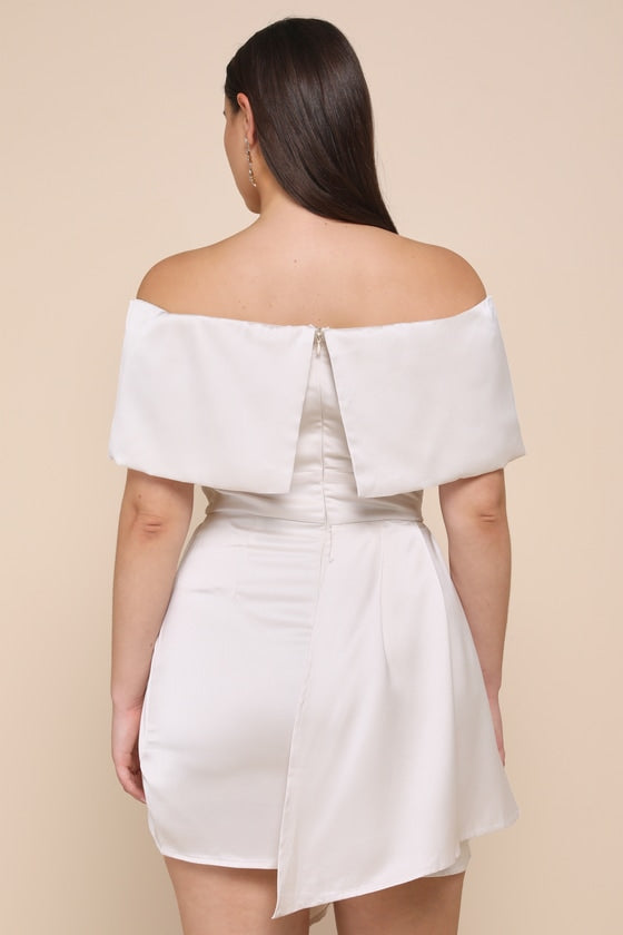 Always Celebrating Ivory Satin Off-the-Shoulder Mini Dress