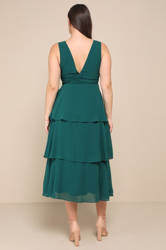 Celebration Time Emerald Green Sleeveless Tiered Midi Dress