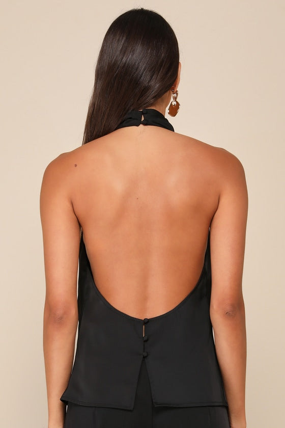 Chic Event Black Satin Cowl Backless Halter Top