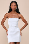 Adorable Chicness White Satin Strapless Bow Mini Dress
