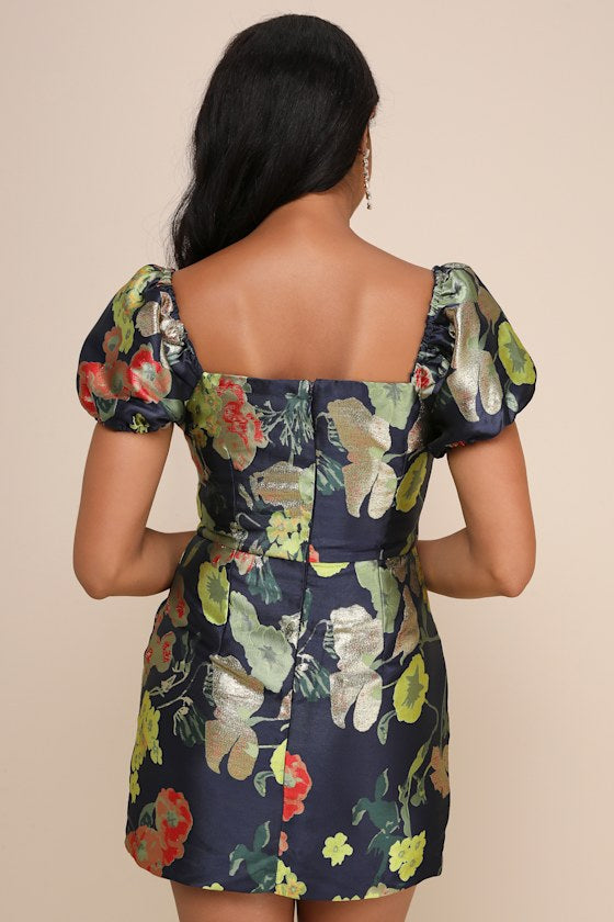 So Stunning Navy Blue Floral Jacquard Puff Sleeve Mini Dress