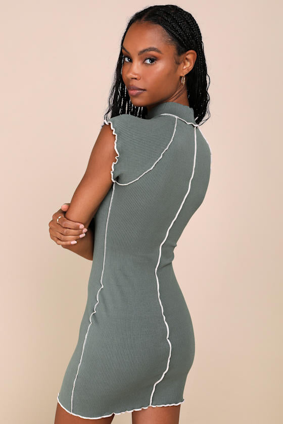 Cool Vibe Olive Green Ribbed Short Sleeve Mock Neck Mini Dress