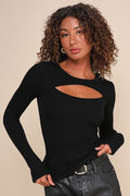Flirty Little Secret Black Ribbed Cutout Long Sleeve Top